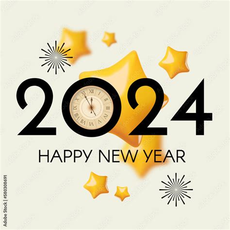 Happy 2024 New Year celebration with stars. Cover, flyer and poster minimal design template ...