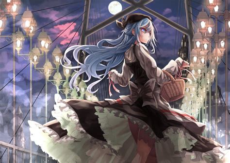 Wallpaper : night, long hair, anime girls, blue hair, blue eyes, Moon, bridge, comics, mythology ...