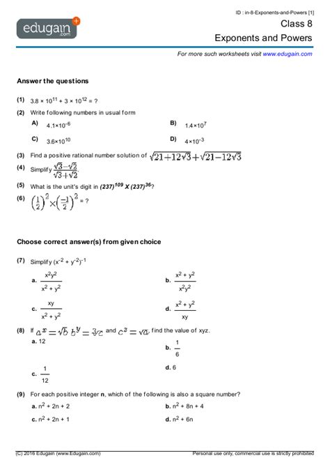 Grade 8 - Exponents and Powers | Math Practice, Questions, Tests, Worksheets, Quizzes ...