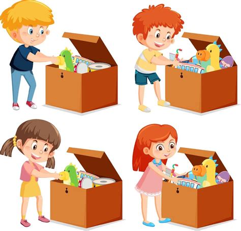 Set of different kids putting their toys in boxes 7375149 Vector Art at ...