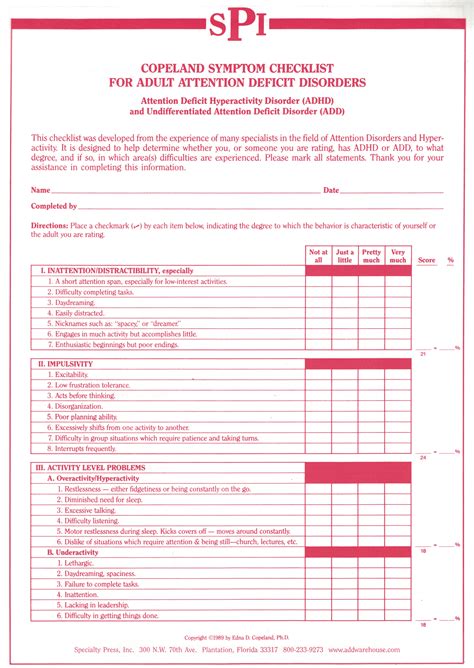 Copeland Symptom Checklist for Attention Deficit Disorders - Adult Version