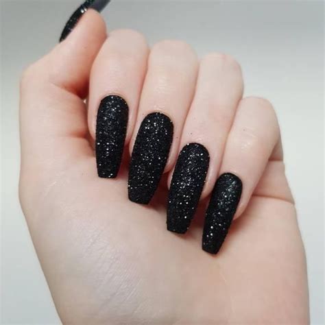 Set of 20 black nails topped with midnight black loose glitter ...