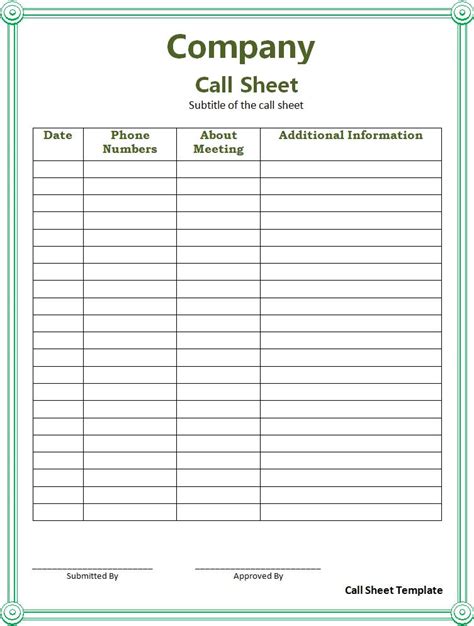 Call Sheet Template | Free Sheet Templates