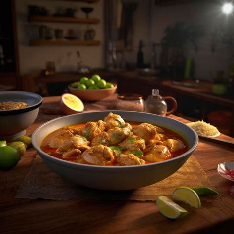 Premium AI Image | A bowl of chicken curry with limes on the side