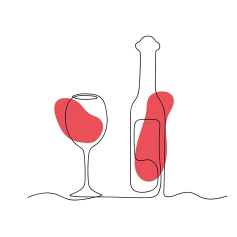 Continuous line art wine bottle and glass of red wine. 3586458 Vector ...