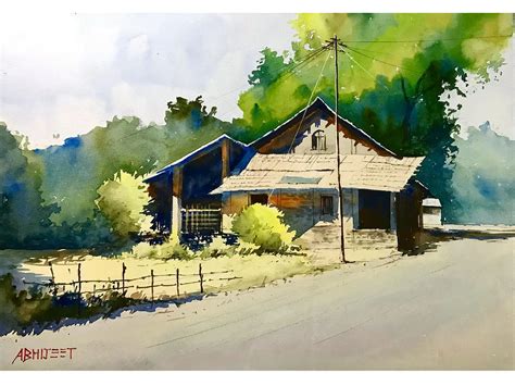 House on Village Road | Watercolor Painting by Abhijeet Bahadure | Exotic India Art