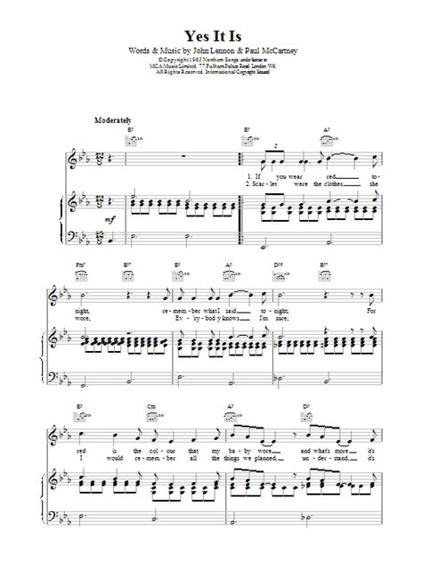 Yes It Is by The Beatles Sheet Music for Piano, Vocal & Guitar Chords ...