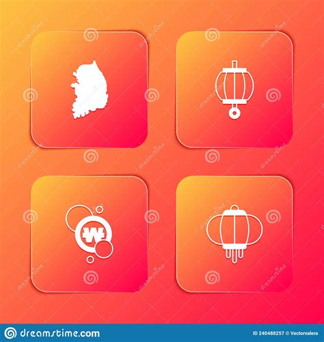 Set South Korea Map, Korean Lantern, Won Coin and Icon. Vector Stock ...