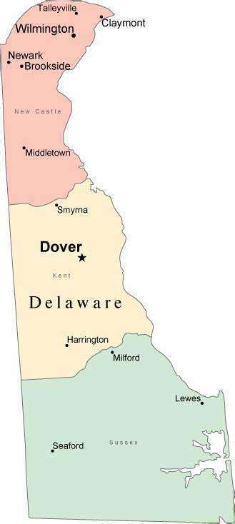 Multi Color Delaware Map with Counties, Capitals, and Major Cities