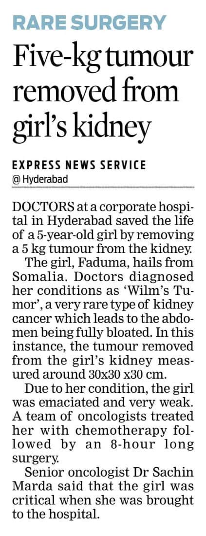 Yashoda Hospitals Hyderabad Saves Life of A 5 Years Old Baby by Complex Kidney Tumor Surgery