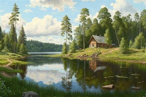 A painting of a cabin by the lake | Premium AI-generated image