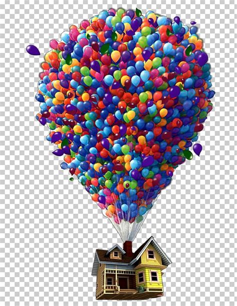 a bunch of balloons are floating in the air over a small house on a white background