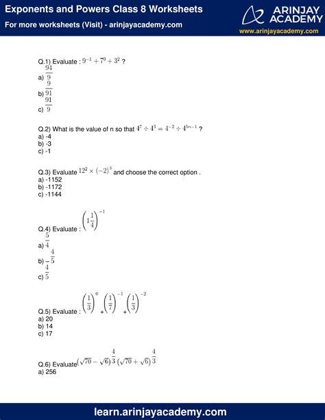 Exponents And Powers Worksheet Class 7 Pdf