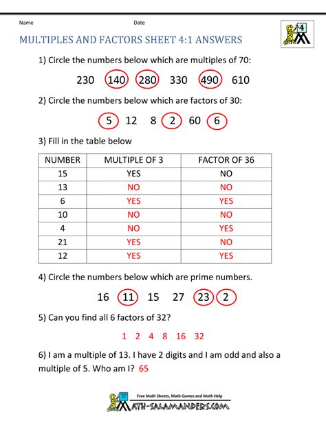 Factoring And Multiples Worksheets