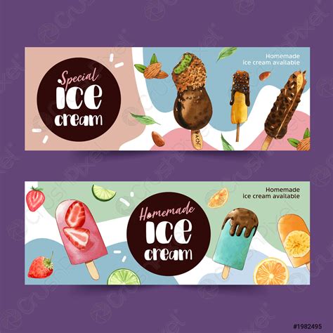 Ice cream banner design with chocolate and fruits watercolor illustration - stock vector 1982495 ...