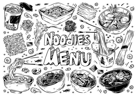 Hand-drawn sketches of food. Vector illustration. Doodle types of noodles, udon, soba, funchose ...