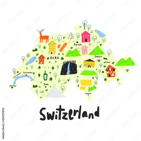 Illustrted map of Switzerland in handdrawn vector style. Cartoon map of Switzerland. Vector ...