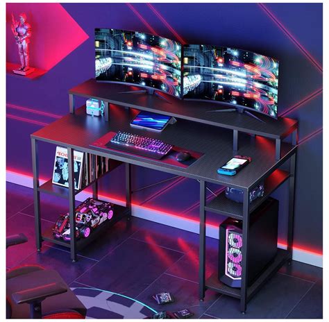 CodYinFI Gaming Desk with Monitor Shelf, 55 inches Home Office Desk with Open Storage Shelves ...