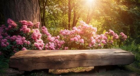 Premium Photo | A wooden bench in a park with flowers in the background