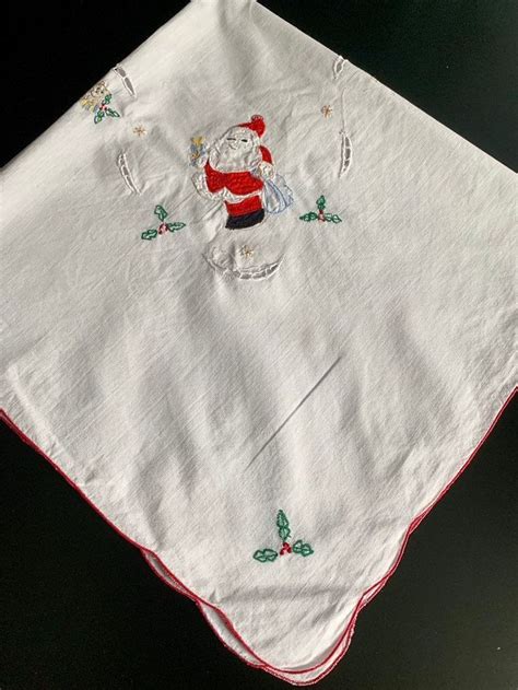 Vintage Christmas Table Cloth with embroidered Santa from | Etsy in 2020 | Christmas table cloth ...