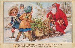 three children left, sled & toys, Santa right - TuckDB Postcards