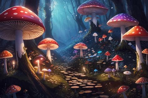 Premium AI Image | Explore the depths of a mystical mushroom forest where every step leads to a ...