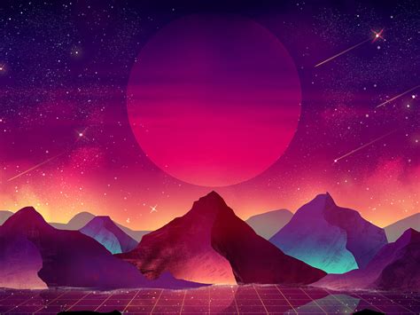 Wallpaper terrain, vaporwave, moon, mountains, landscape, art desktop wallpaper, hd image ...