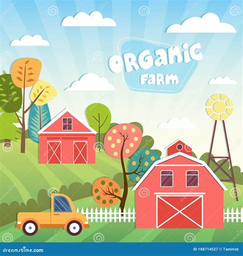 Farm Countryside Landscape Illustration with Houses, Field, Garden and Car. Cartoon Background ...