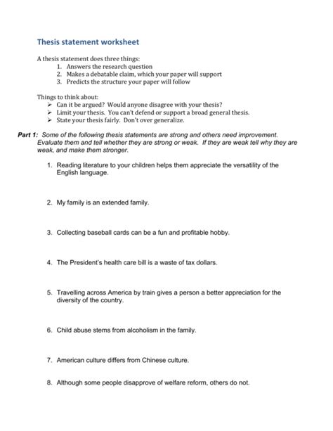 Thesis statement worksheet