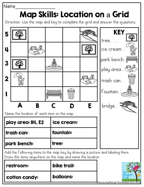 Map Skills: Location on a Grid- Use the map and key to complete the ...