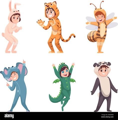 Animal costumes. Kids party with carnival funny costumes exact vector children outfit Stock ...