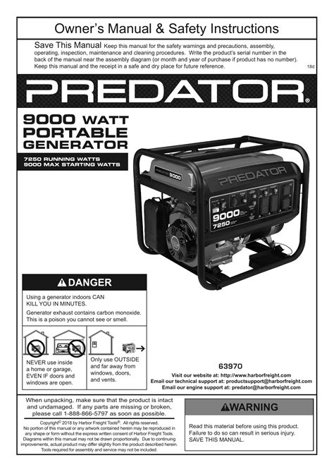 Predator 63970 9000 Watt Max Starting Extra Long Life Gas Powered Generator - EPA III Owner's ...