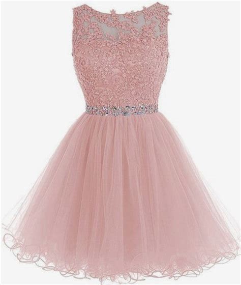 Round Neck Lace Short Pink Prom Dresses, Pink Homecoming Dresses, Shor – abcprom