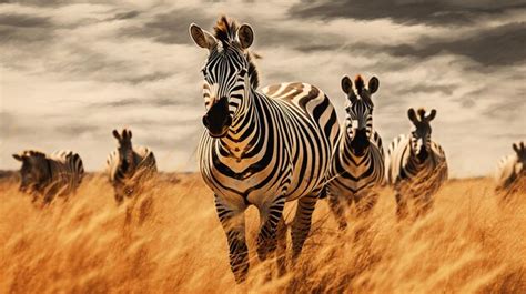 Premium AI Image | a herd of zebras are running in a field with the sky ...