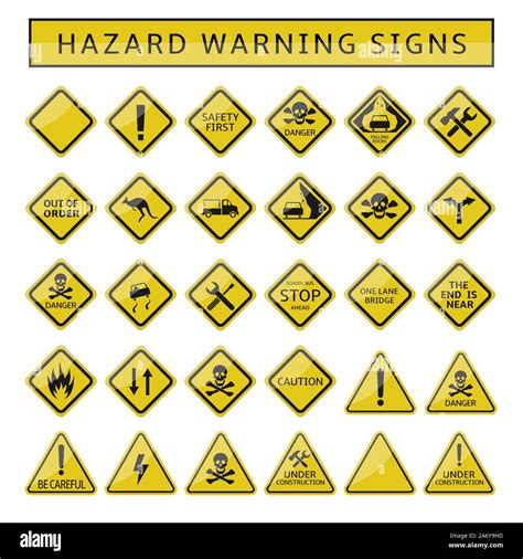 Hazard warning signs. Yellow warning symbol set, caution danger signs Stock Vector Image & Art ...