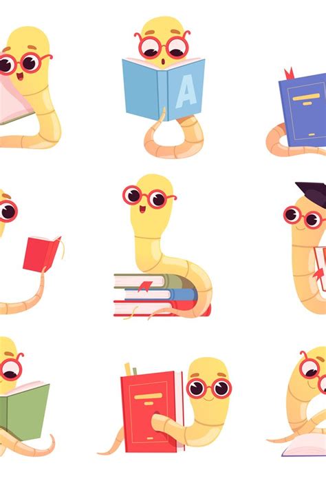 Bookworm characters. Worms kids reading books school little