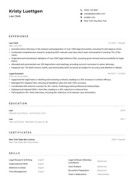 Law Clerk Resume Example