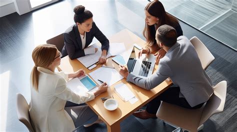 A group of people discussing work around a table