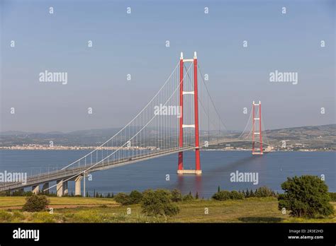 1915 Canakkale Bridge aerial view in Canakkale, Turkey. World's longest suspension bridge opened ...