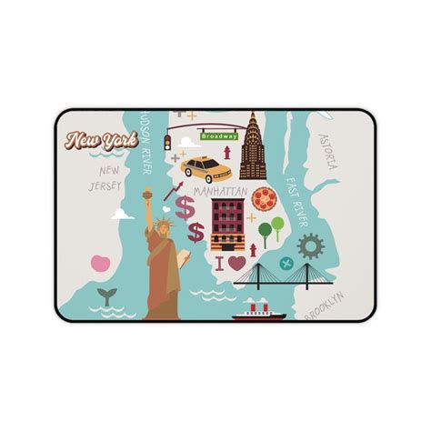 New York Map, New York City Landmarks NYC Desk Mat, East Coast Statue of Liberty, Manhattan ...