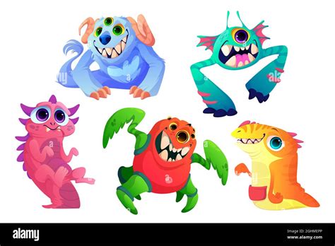 Cute monsters set, cartoon funny characters, aliens, strange animals or ...