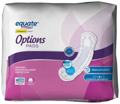 Equate Options Incontinence Pads for Women, Moderate, Regular, 72 Ct ...