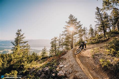 a person riding a mountain bike on a trail near some trees and water in the distance