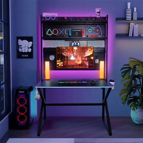 ELECWISH GAMING DESK RGB Lights Computer Table with Hutch & Shelves ...