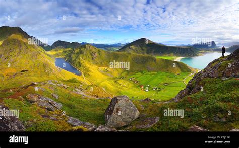 Sunny norwegian landscape. View at Norway mountains in the warm sunny evening. Green valley and ...