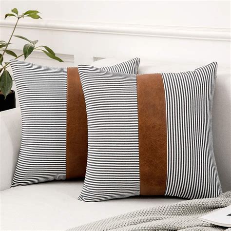 DecorX Stripe Boho Throw Pillow Covers Decorative Square Farmhouse Pillowcase Faux Leather ...