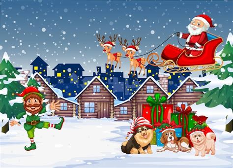 Free Vector | Santa Claus with friends on snowy blue background