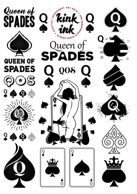 Kink Ink 23x Queen of Spades Temporary Tattoo Black Lettering A4 Sheet