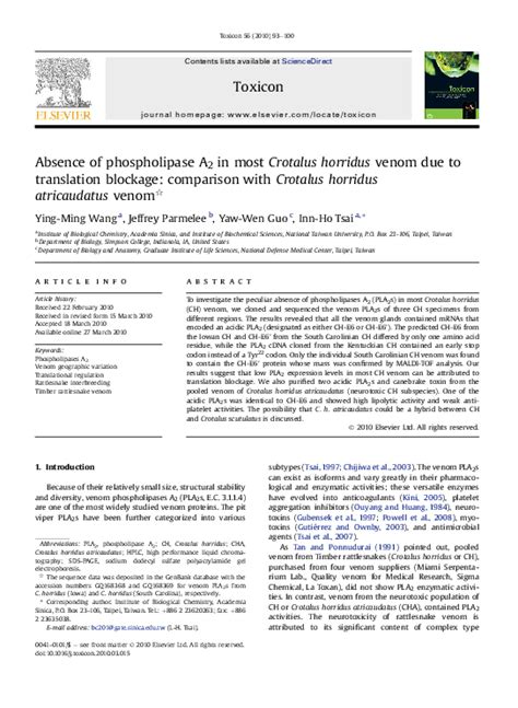 (PDF) Absence of phospholipase A2 in most Crotalus horridus venom due ...