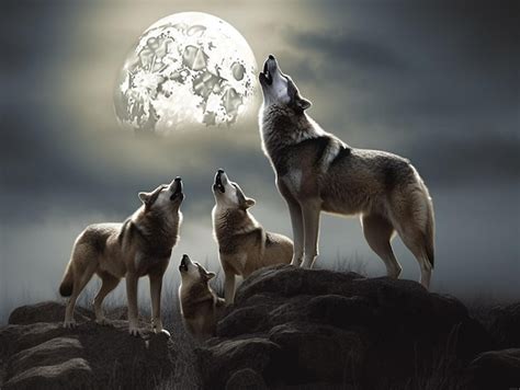 Premium Photo | Three wolves howling at the moon